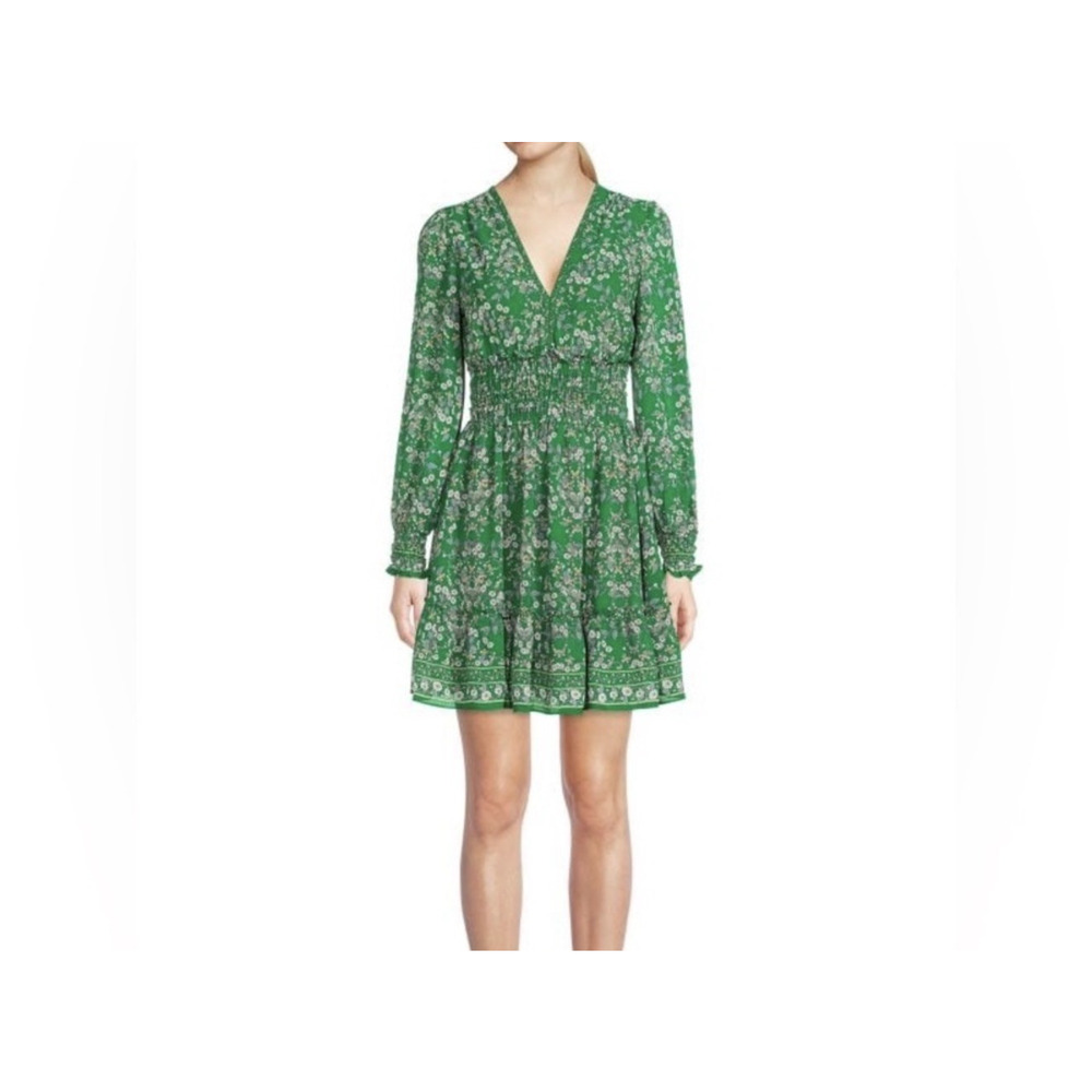 EUC MAX STUDIO Flowy Floral V-Neck Spring Green Dress Smocked Waist and Cuffs XL